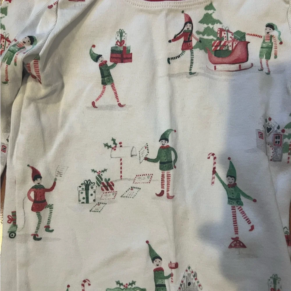 Pottery Barn Kids White Holiday Elf Print Pajama Set with Red Trim